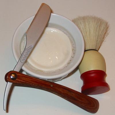 Feather razor, Burmashave brush, and Williams soap